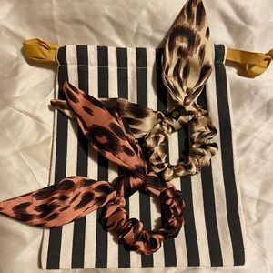 SET OF TWO SILK LEOPARD RABBIT EAR SCRUNCHIES